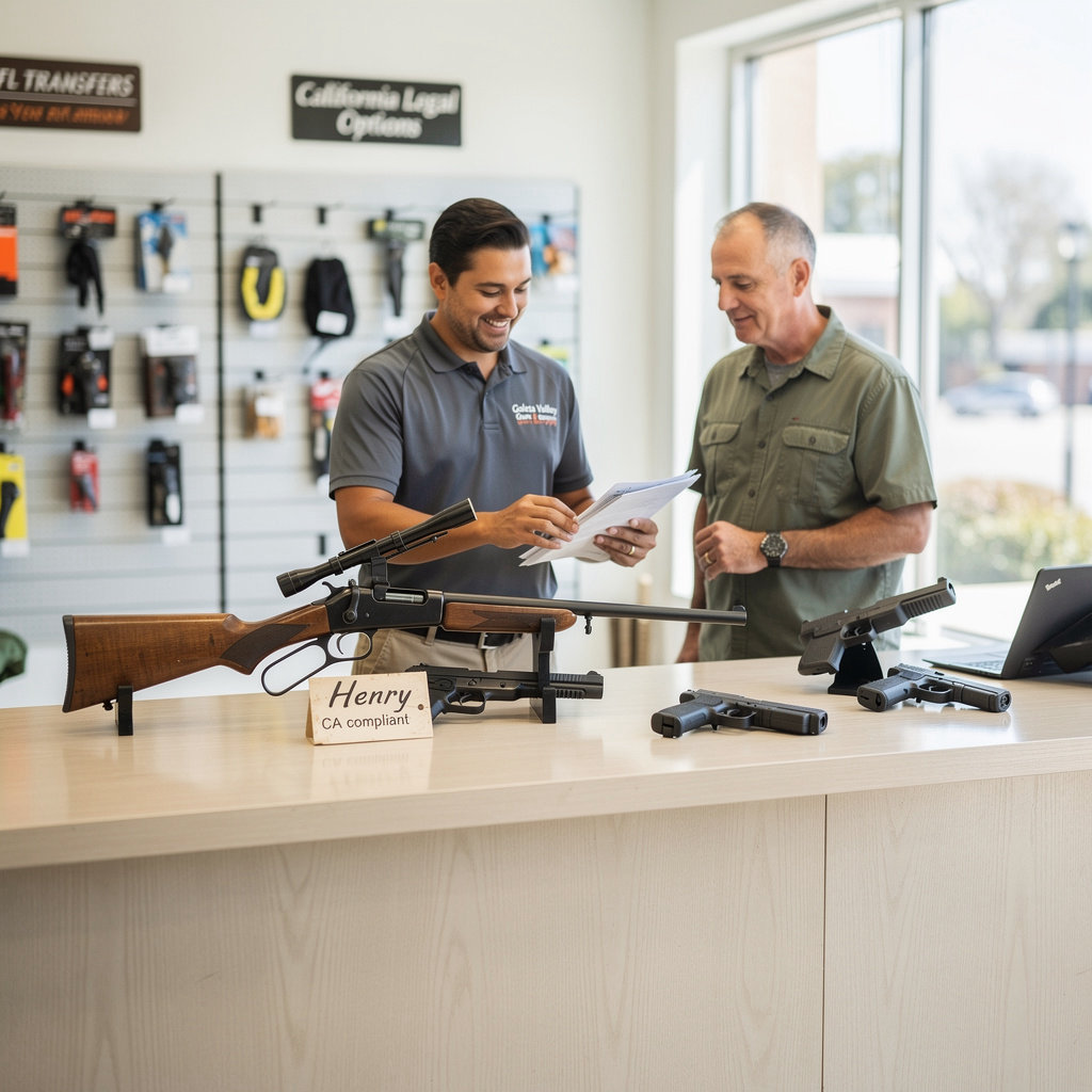 Goleta Valley Gun & Supply firearms display featuring Henry rifles and California-legal options in Goleta